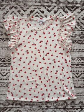 Womens’ White Floral Ruffle Sleeve Top - Pink Rose Print